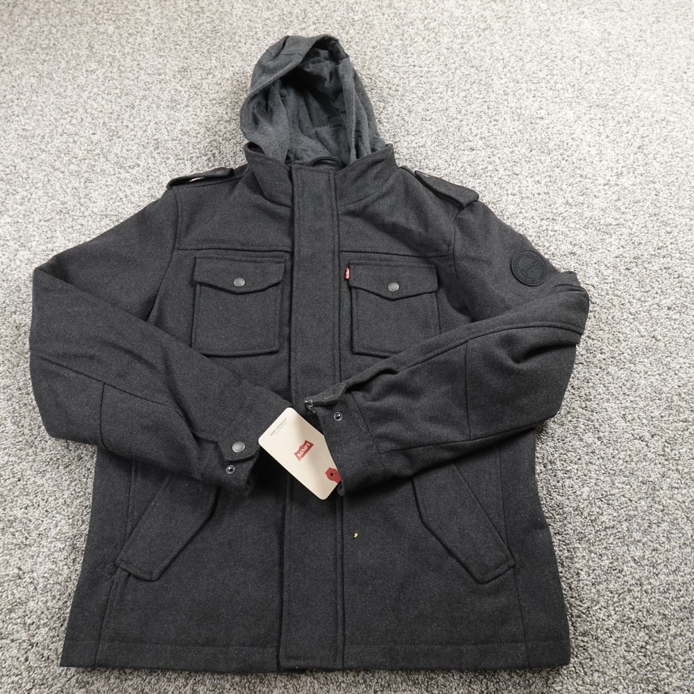 NEW Levis Jacket Mens M Black Gray Wool Hooded Trucker Outdoor Work Coat Western